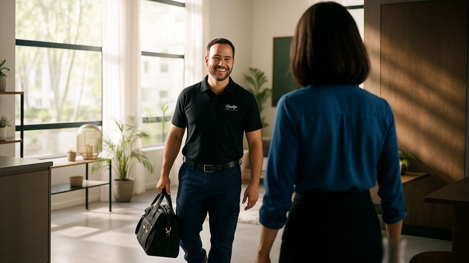 Prestige appliance repair technician on a service call