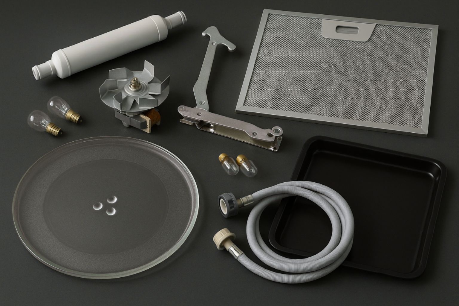 Various appliance spare parts on a counter: fan motor, water filter, oven globes, fridge globes, microwave turntable, inlet hose, range hood filter, and oven tray.