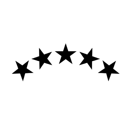 Black and white vector icon of five stars representing excellent service.