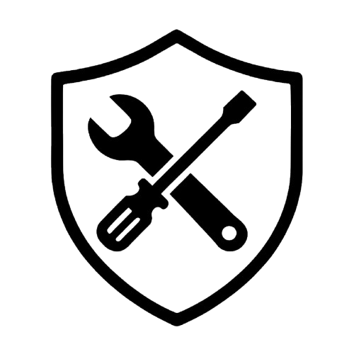 Black and white vector icon of a screw driver and wrench with a background of a sheild representing labour guarantee