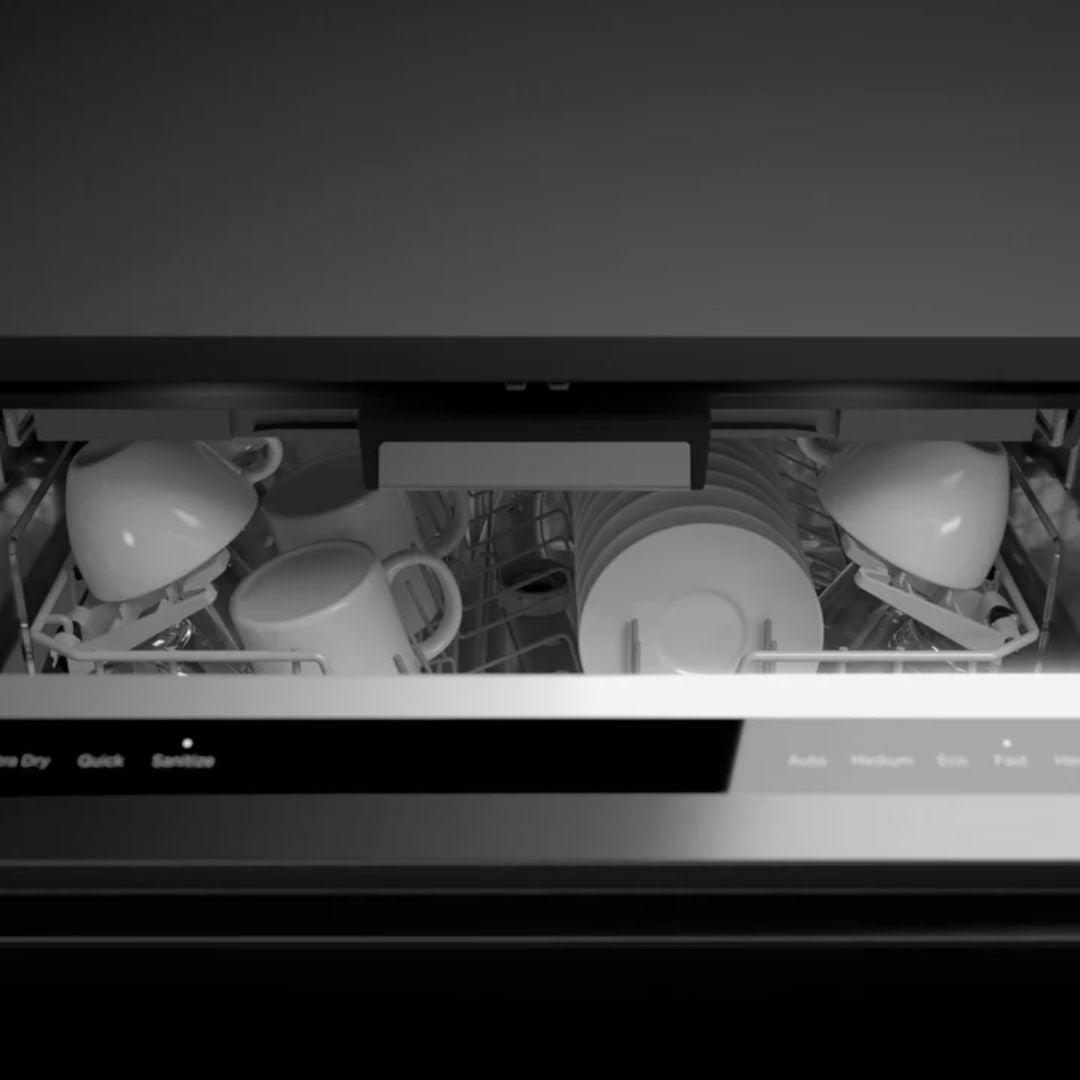 Dishwasher with dishes inside, showing the interior and control panel.